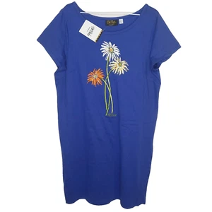BOB MACKIE Wearable Art Shirt Dress Size Large Blue Cotton Embroidered Flowers - Picture 1 of 16