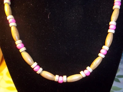 Handmade 19 inch PINK and TAN Wood Bead NECKLACE CHOKER C-68 - Image 1 of 3