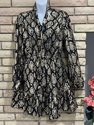 NWT Michael Michael Kors Long Sleeve Midi Shirt Dress Black Gold Size S - Image 1 of 4