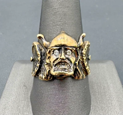 Vintage 14kt Yellow Gold & 1/10th cttw. Diamond Eyes Viking Biker Ring, Size 11 - Image 1 of 4