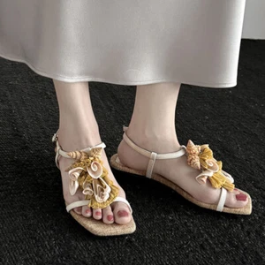 Womens Bohemian French Square Toes Sandals Summer 2025 New Tassel Flat Shoes - Picture 1 of 24