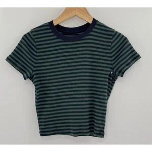 Hollister Striped Crop Top Green Navy Crew Neck Short T-Shirt Sz M Academia 90's - Picture 1 of 8