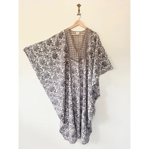 East Anokhi Blockprint Kaftan Maxi One Size Baumwolle Beige Boho Urlaub Strand - Bild 1 von 10