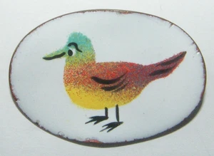 Vintage Mid Century Modern Emaille auf Kupfer Brosche Anstecknadel bunt handbemalt Vogel MCM - Bild 1 von 3