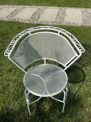 Vintage Wrought Iron Patio Chair MCM Woodard Style White Mesh Curved Back - Image 1 of 4