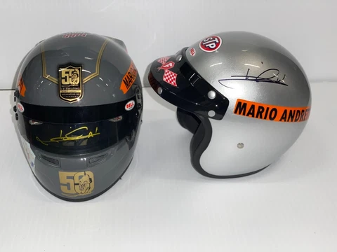 MARIO  ANDRETTI, HAND SIGNED, 1/2 SCALE HELMETS, 1969 & 2019 50TH INDY 500 WIN Cover