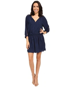 NUEVO CON ETIQUETAS $388 Vestido Joie Baraz Seda Cintura Acanalada Azul Marino Manga 3/4 Mediano - Imagen 1 de 5