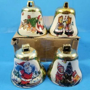 4 Vintage Plastic Bell Ornaments Lot Plastic Wrapped Bear Santa House Church 2" - Picture 1 of 8
