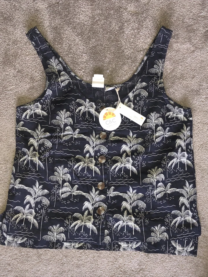 BNWT Women's C&C California 100% Linen Navy Tank Top Shirt  - M 10 12 - Holiday - Image 1 of 4