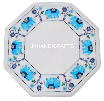 White Marble Turquoise Elephant Patter Inlay Table For home Elephant Lover Decor - Image 1 of 4
