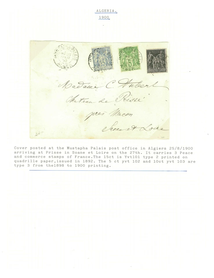 ALGERIA-COVERS-Posted at the Mustapha Palais post office in Algiers on 8/25/1900 - Image 1 of 1