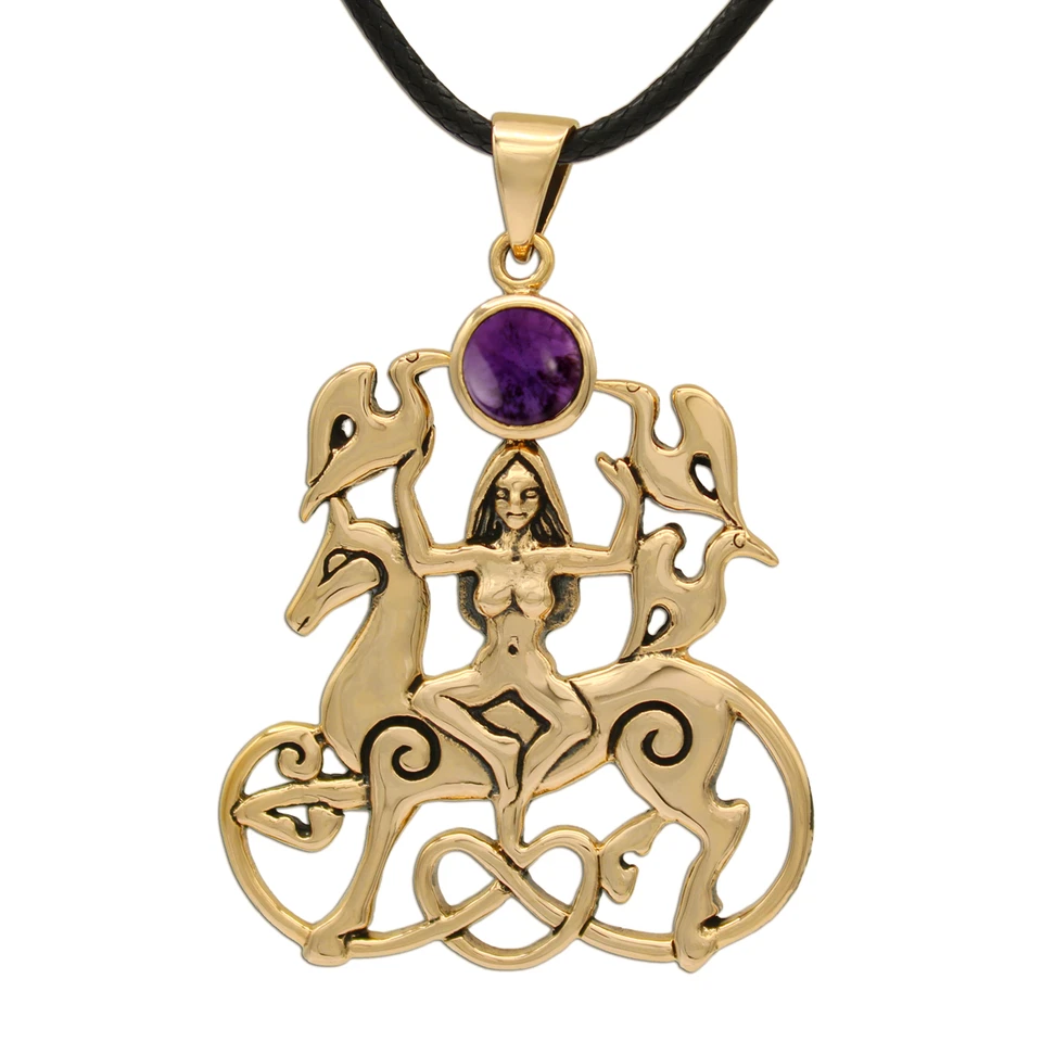 Bronze Rhiannon Pendant Amethyst - Dryad Design - Celtic Welsh Horse Goddess - Image 1 of 4
