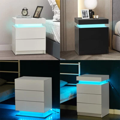 2/3 Drawers High Gloss Front Bedside Table Cabinet LED Nightstand Black/White - Image 1 of 4