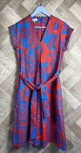 Ladies HOBBS Blue & Red Floral 100% Linen A Line Dress Summer Tie Waist Size 8 - Picture 1 of 19