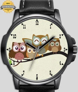 Eulen Am Baum Schwarze Lederarmbanduhr - Bild 1 von 1