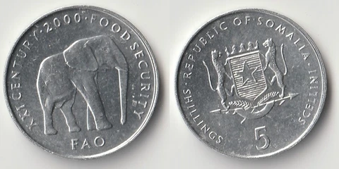 2000 Somalia 5 shillings coin with elephant Cover