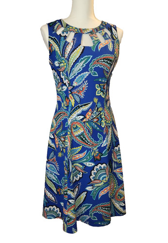 Abito Alyx taglia 6 blu senza maniche lunghezza ginocchio colorato blu paisley scollo ritagli