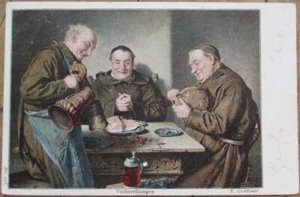 Postal 1900 de monjes bebiendo cerveza, comiendo comida, litografía de color monje - Imagen 1 de 1