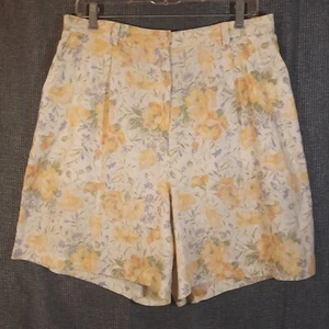 VTG Jones Wear Shorts Sz 14 100% Linen Yellow Floral High Waisted Grannycore EUC - Picture 1 of 9