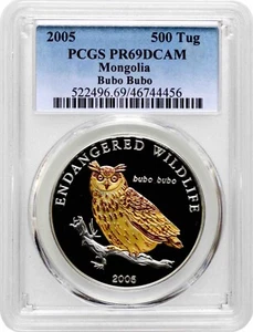 Mongolia 500 togrog 2005, NGC PF69 DCAM, "Eurasian Eagle Owl (Bubo bubo)" - Picture 1 of 2