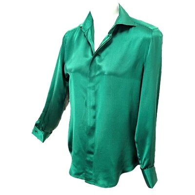 Ralph Lauren Black Label Silk Charmeuse Emerald Green Button Blouse Size 2 - Image 1 of 4