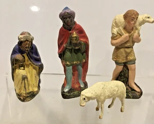 German Papier Maché Hand Painted set of 4 Wisemen Shepard Sheep Nativity Antique - Picture 1 of 13