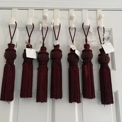 Vintage Bombay Burgundy Beaded Curtain Tiebacks – Tassels  7 pc Set New w/ Flaws - Image 1 of 4