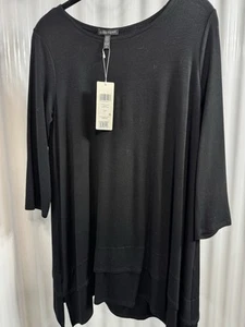 NWT Women Eileen Fisher Black Stretch Viscose Jersey Tunic Shirt S/P 3/4 sleeve - Picture 1 of 4