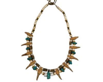 Vtg Handmade Turquoise Bone Necklace 18” Braided Cord Sandcast Beads BohoArtisan - Image 1 of 4