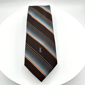 Yves Saint Laurent Classic Necktie Brown Striped Wedding Formal Suit Preppy - Picture 1 of 6