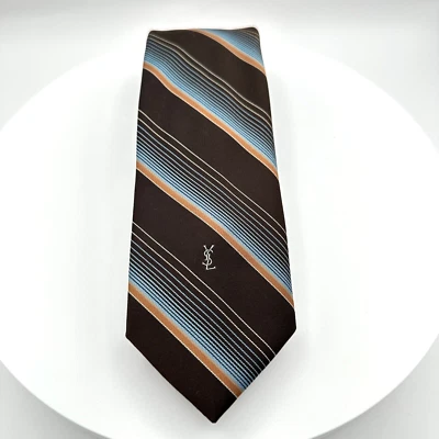 Yves Saint Laurent Corbata Clásica Marrón Rayas Boda Formal Traje Preppy Foto 1 de 4
