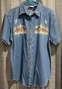 Bobbie Brooks Vögel Blumen Jeanshemd Größe M bestickt vorne/hinten/Kragen - Bild 1 von 12