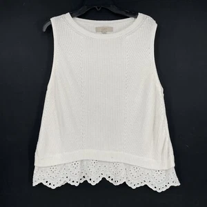 Loft Women's White Knit Sweater Vest Eyelet Trim Crew Neck Casual Size XL - Picture 1 of 7