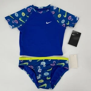 NIKE Girl Small 2-Piece Swim Pool Party Short Sleeve Crop Rash Guard Blue NWT - Picture 1 of 3