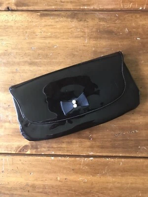 Vintage 50s 60s Black Patent Leather Purse Clutch Pearl Bow Formal Dance Prom - Image 1 of 4