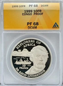 1999 CONGO AFRICA SILVER 10 Francs PF 69 ULTRA CAMEO NGC Dr. David Livingstone - Picture 1 of 5