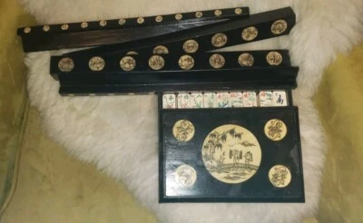 Antique Mahjong Set In Inlaid Wood Box With Matching Ebony Racks Rests Mah-jongg - Image 1 of 4