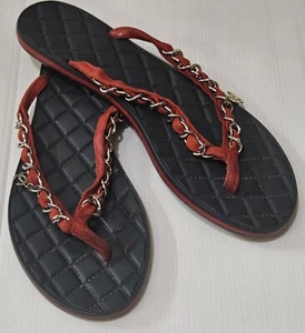 Authentic CHANEL Red Suede Calfskin Leather Silver Chain Flip Flops Size 39 - Picture 1 of 23