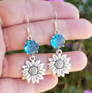 Sterling Silver Sunflower Earrings, Silver Aquamarine Earrings Sunflower Jewelry - Picture 1 of 5