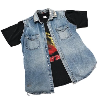 Vintage 80s Carhartt Denim Cutoff Pearl Snap Button Up Large Thrashed - Image 1 of 4