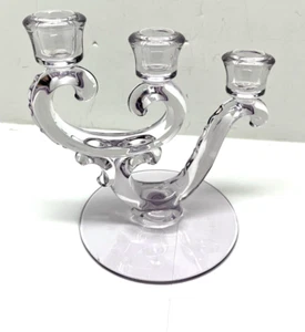 Antique Fostoria Sprite 3 light Candlestick candle Purple Glass Lilac vtg tier - Picture 1 of 7