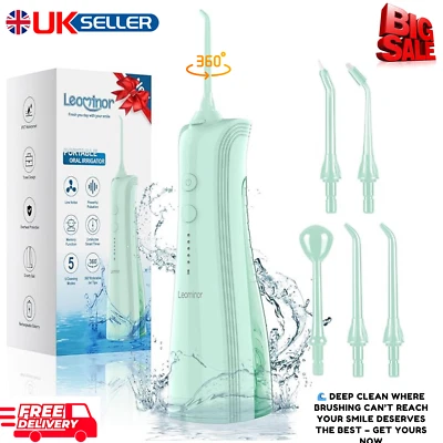LEOMINOR Water Cordless Water Flosser Dental Oral Irrigator Teeth Cleaner 5 Jet Tips Tool