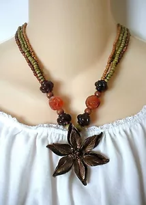 "Collar colgante con cuentas de flor de cobre marrón naranja de varias hebras Cookie Lee 16" - Imagen 1 de 7