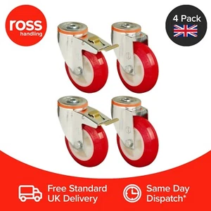 Set of 4 - 80mm Polyurethane Wheels Castors Hole Fitting Casters Heavy Duty UK - Picture 1 of 2