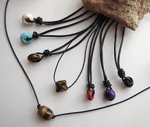 Adjustable Length Surfer Leather Necklace, Tiger-Eye Jasper or Other Gem Pendant - Picture 1 of 80