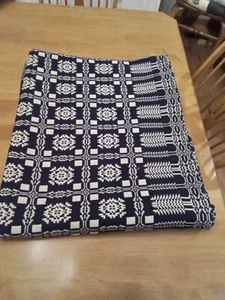 Reversible Navy Blue & White Jacquard Woven Wool Coverlet 104" by 86" - Picture 1 of 2