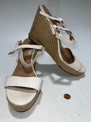 Sandalias Merona Plataforma Tacones Cuña Talla 11 Blanco Punta Abierta Eslinga Trasera Lona Foto 1 de 4