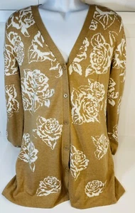 Isaac Mizrahi Live Med. Gold/Brown White Rose Floral Print Button Down Cardigan - Picture 1 of 12