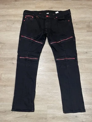 True Religion Sz 42x32 World Tour MOTO Blue Distressed Jeans Black Red Zippers - Image 1 of 4