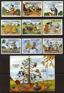 Juego de 9 estampillas de personajes de Disney tempranos de Rumania 1986 + hoja de recuerdo 18C-001 - Imagen 1 de 1